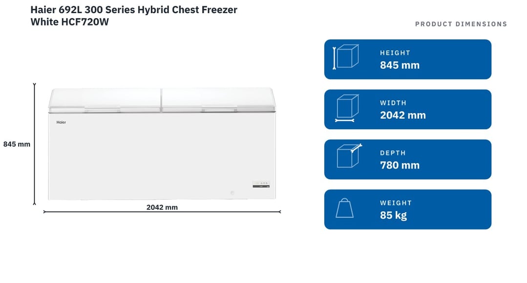 Haier 692L 300 Series Hybrid Chest Freezer White HCF720W — product dimensions