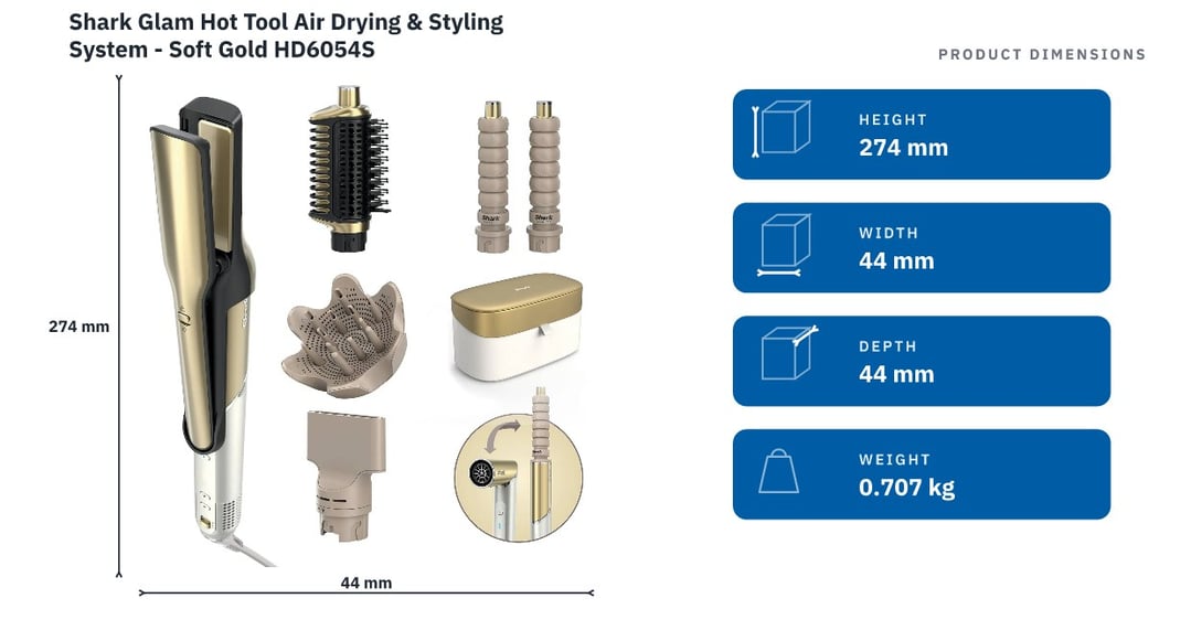 Shark Glam Hot Tool Air Drying & Styling System - Soft Gold HD6054S — product dimensions