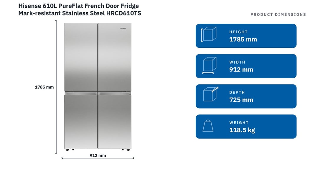 Hisense 610L PureFlat French Door Fridge Mark-resistant Stainless Steel​ HRCD610TS