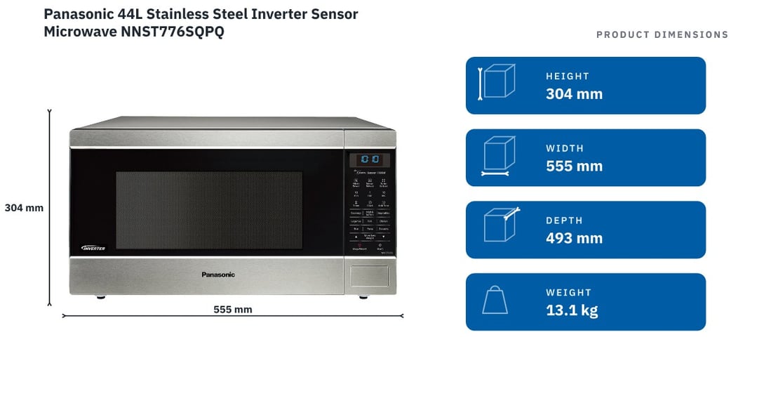 Panasonic 44L Stainless Steel Inverter Sensor Microwave NNST776SQPQ — product dimensions