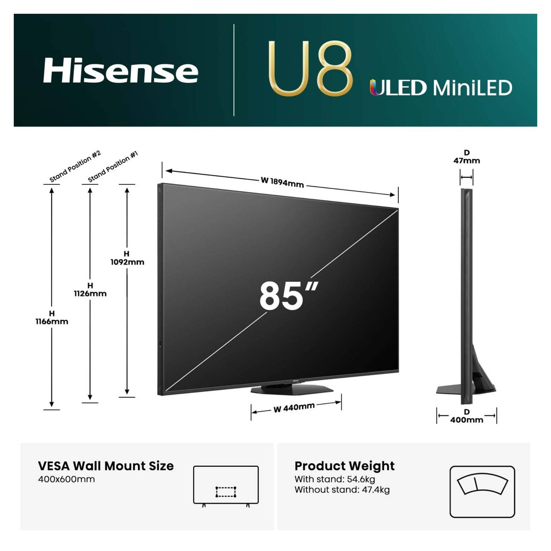 Hisense 85" U8QAU ULED MiniLED 4K QLED 165Hz Smart TV (2025) 85U8QAU