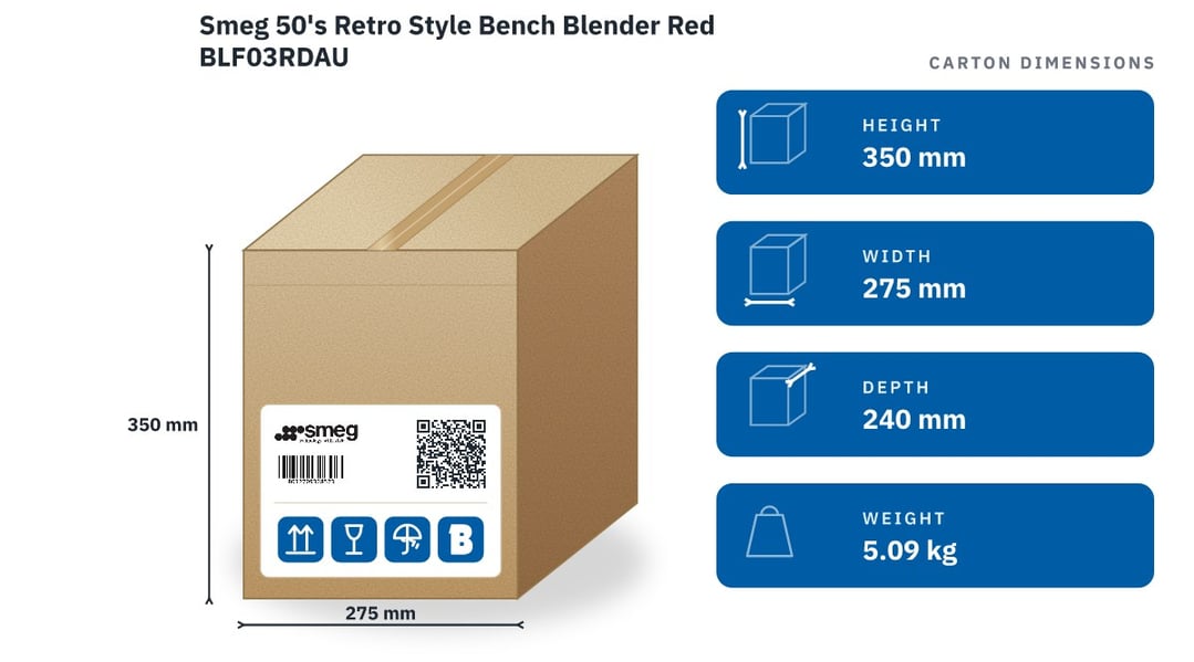 Smeg 50's Retro Style Bench Blender Red BLF03RDAU — packaged dimensions