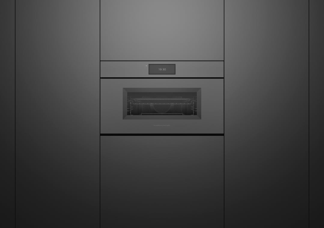 Built-in grey glass compact combi-microwave oven with digital display showing 19:30