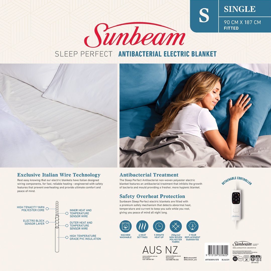 Sunbeam Sleep Perfect Antibacterial Electric Blanket Single BLA6321