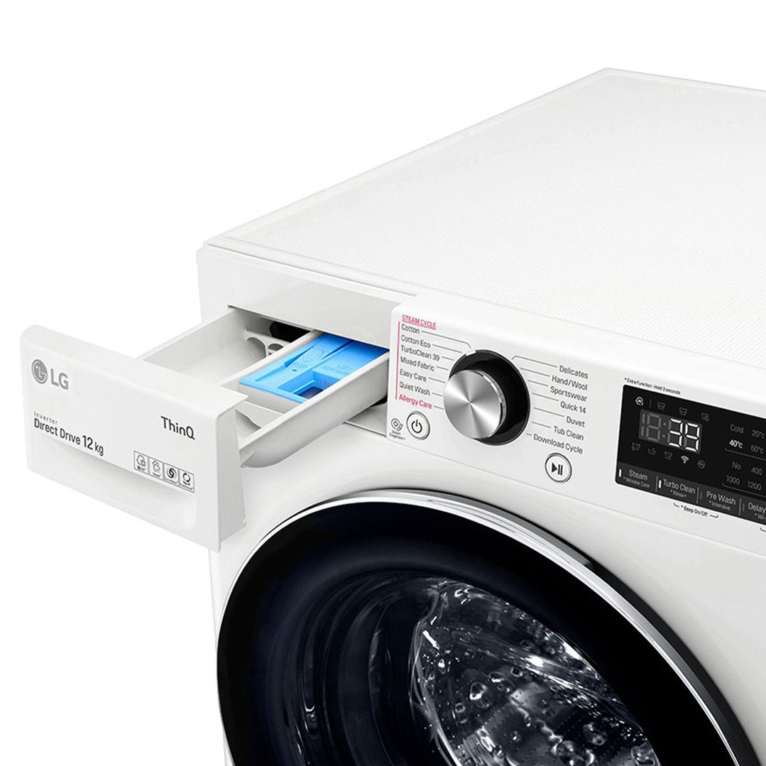 Close up of a white LG washing machine with the detergent drawer open