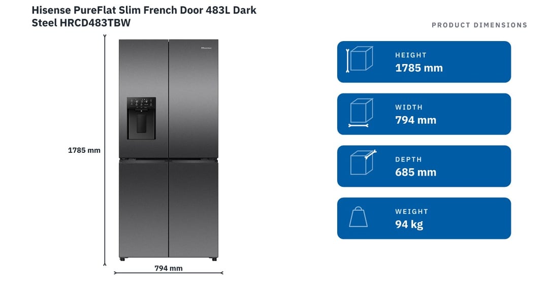 Hisense PureFlat Slim French Door 483L Dark Steel HRCD483TBW — product dimensions