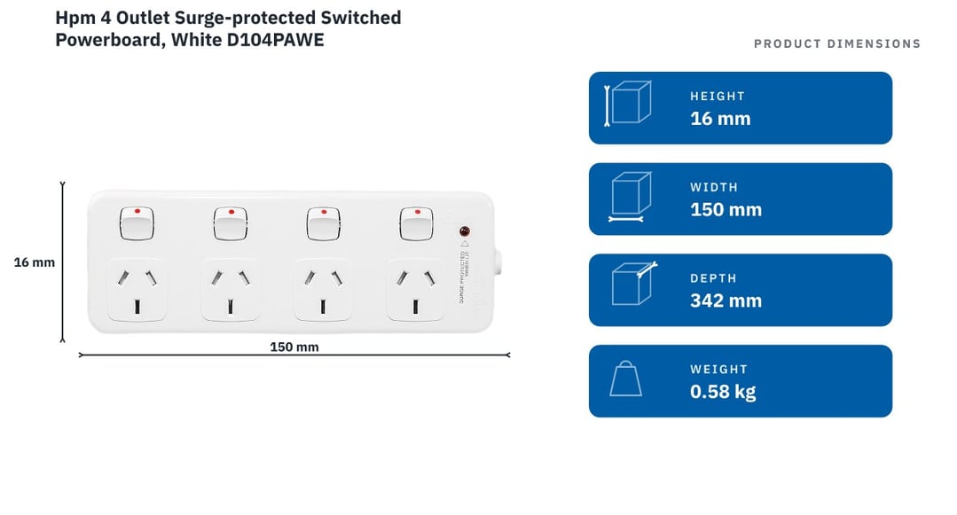 Hpm 4 Outlet Surge-protected Switched Powerboard, White D104PAWE