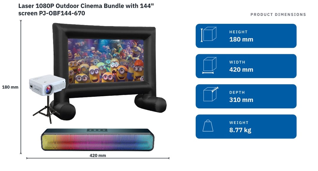 Laser 1080P Outdoor Cinema Bundle with 144" screen PJ-OBF144-670 — product dimensions