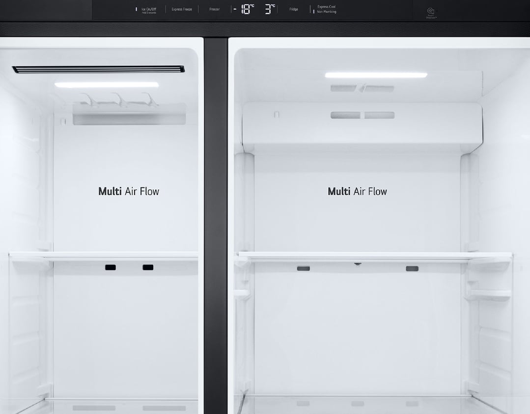 Interior view of a side-by-side fridge with Multi Air Flow technology