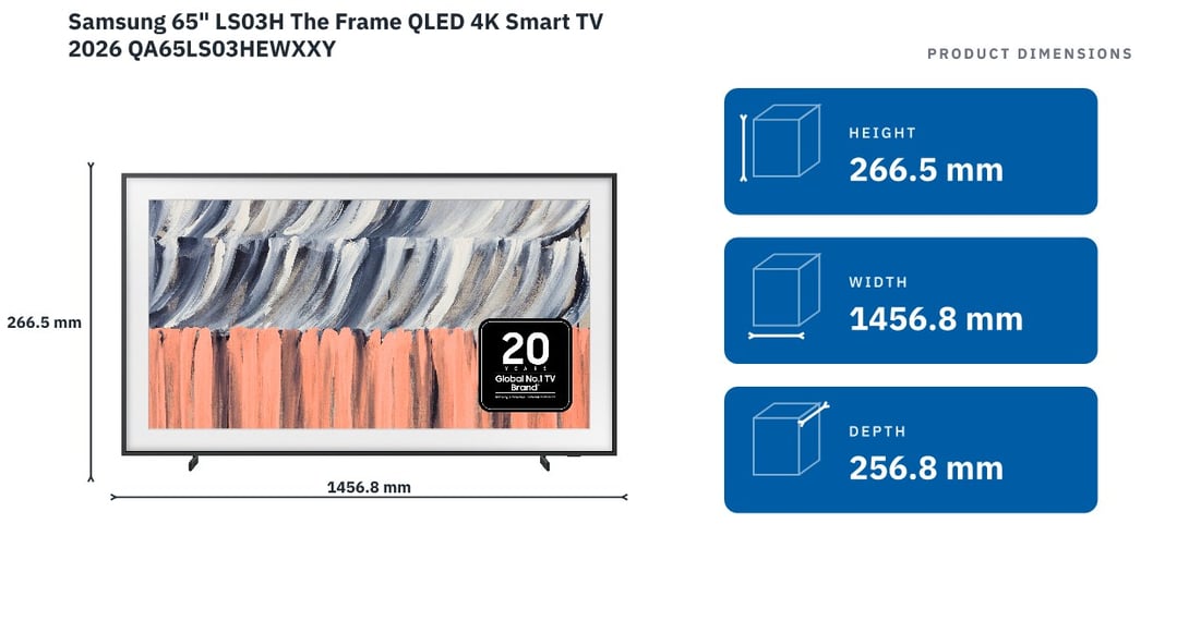 Samsung 65" LS03H The Frame QLED 4K Smart TV 2026 QA65LS03HEWXXY — product dimensions