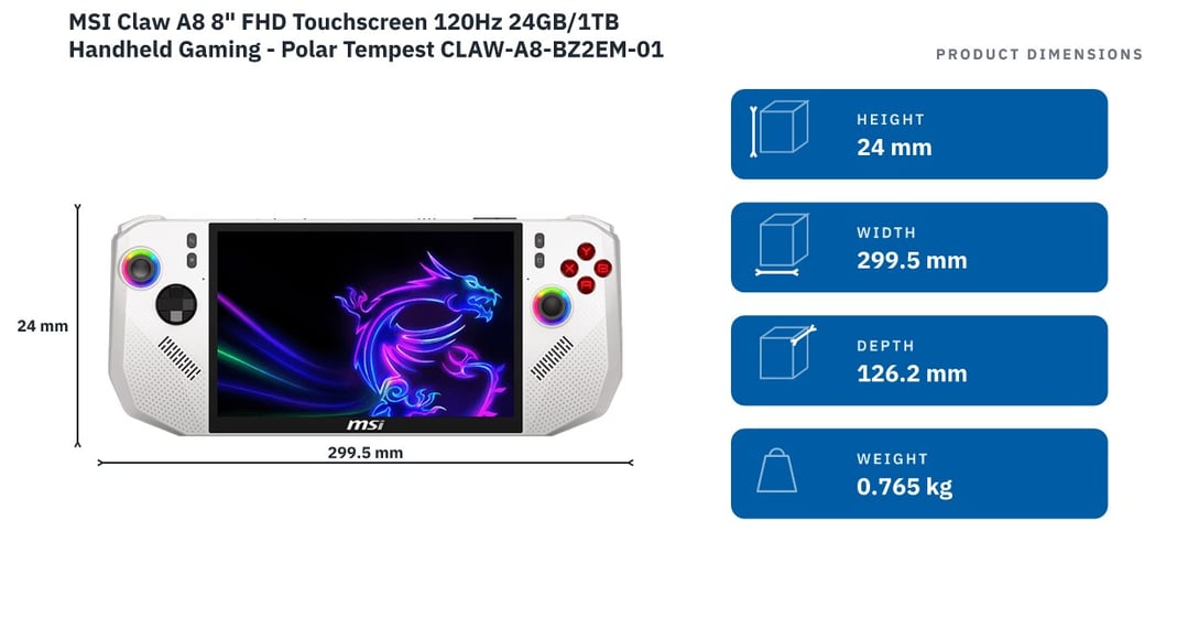 MSI Claw A8 8" FHD Touchscreen 120Hz 24GB/1TB Handheld Gaming - Polar Tempest CLAW-A8-BZ2EM-010AU