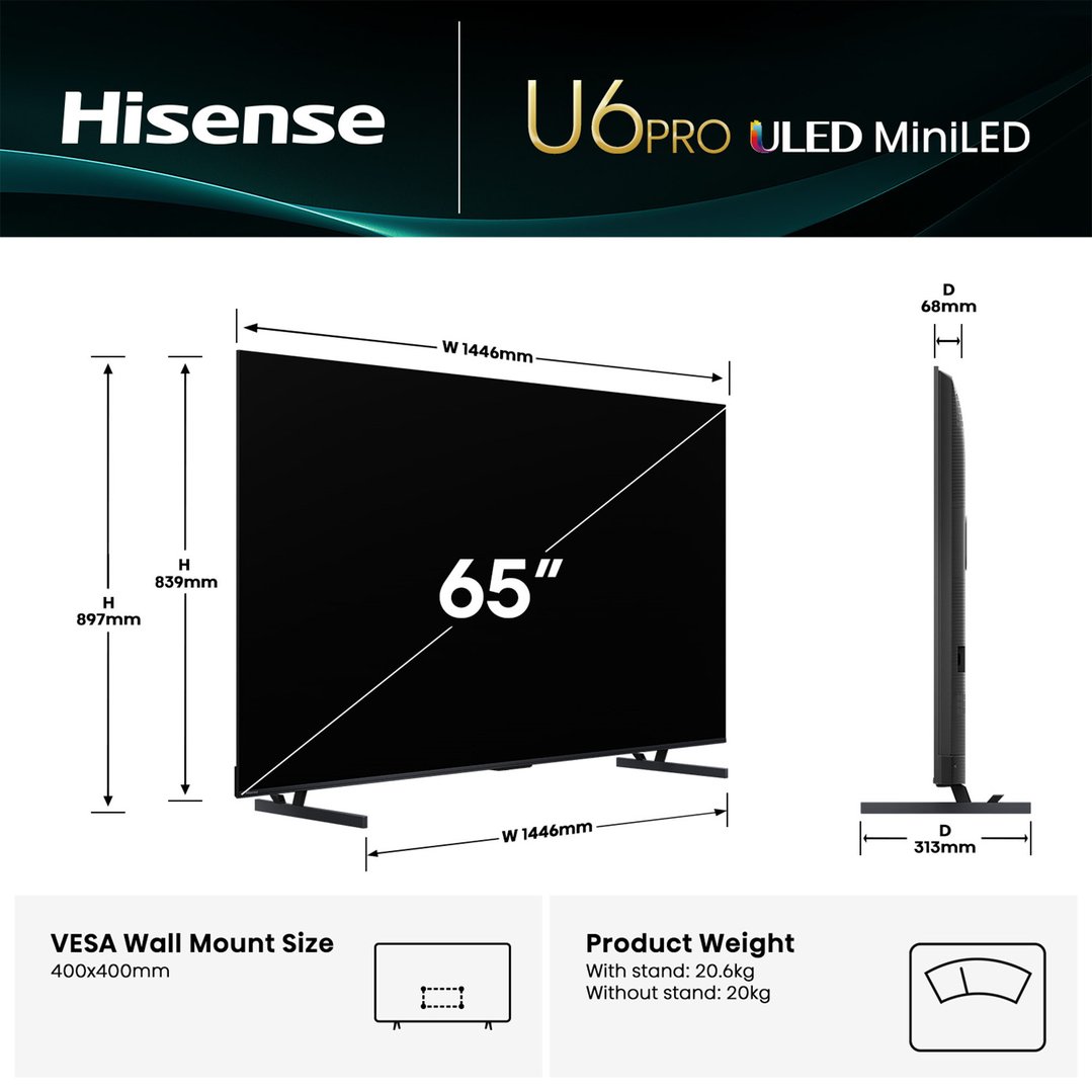 Hisense 65" U6QAU PRO ULED MiniLED 4K QLED 144Hz Smart TV (2025) 65U6QAU