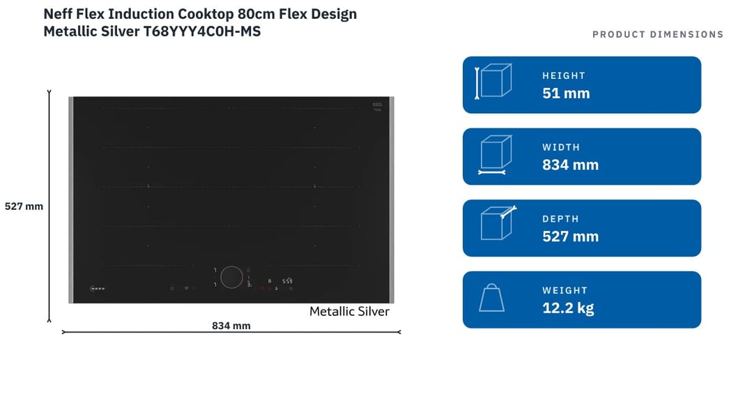 Neff Flex Induction Cooktop 80cm Flex Design Metallic Silver T68YYY4C0H-MS — product dimensions