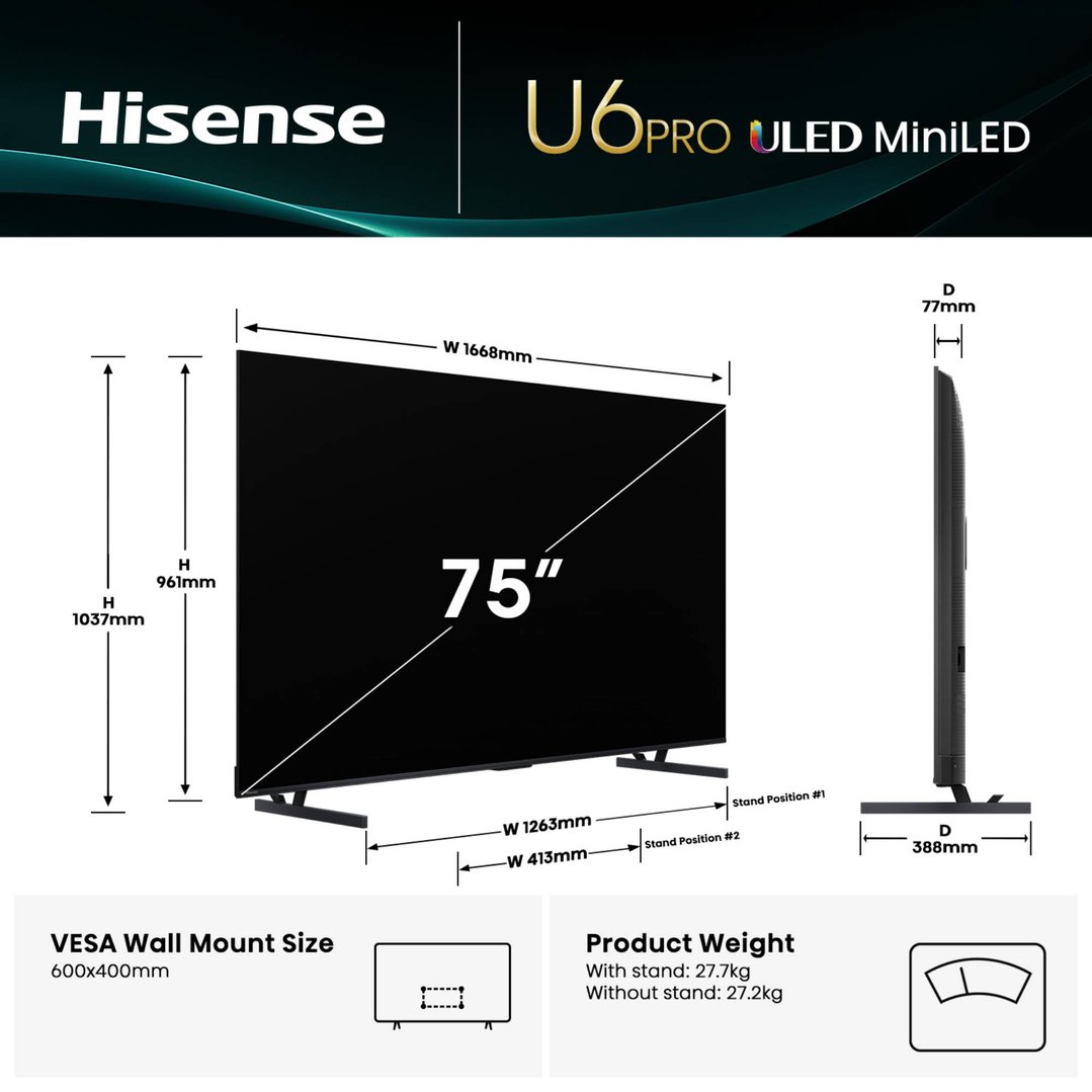 Hisense 75" U6QAU PRO ULED MiniLED 4K QLED 144Hz Smart TV (2025) 75U6QAU