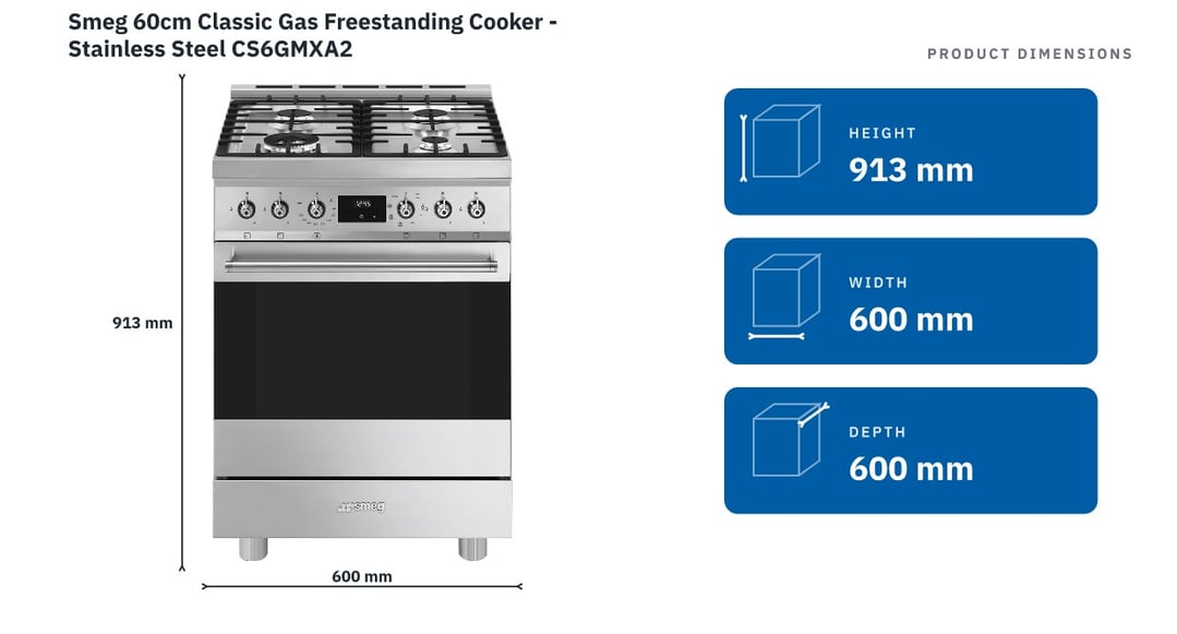 Smeg 60cm Classic Gas Freestanding Cooker - Stainless Steel CS6GMXA2 — product dimensions