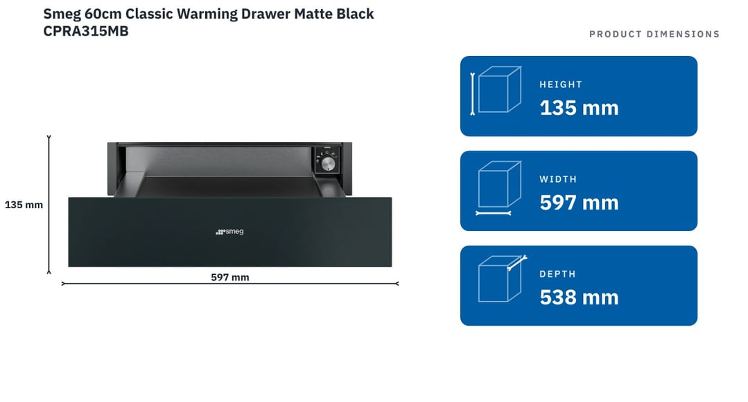 Smeg 60cm Classic Warming Drawer Matte Black CPRA315MB — product dimensions