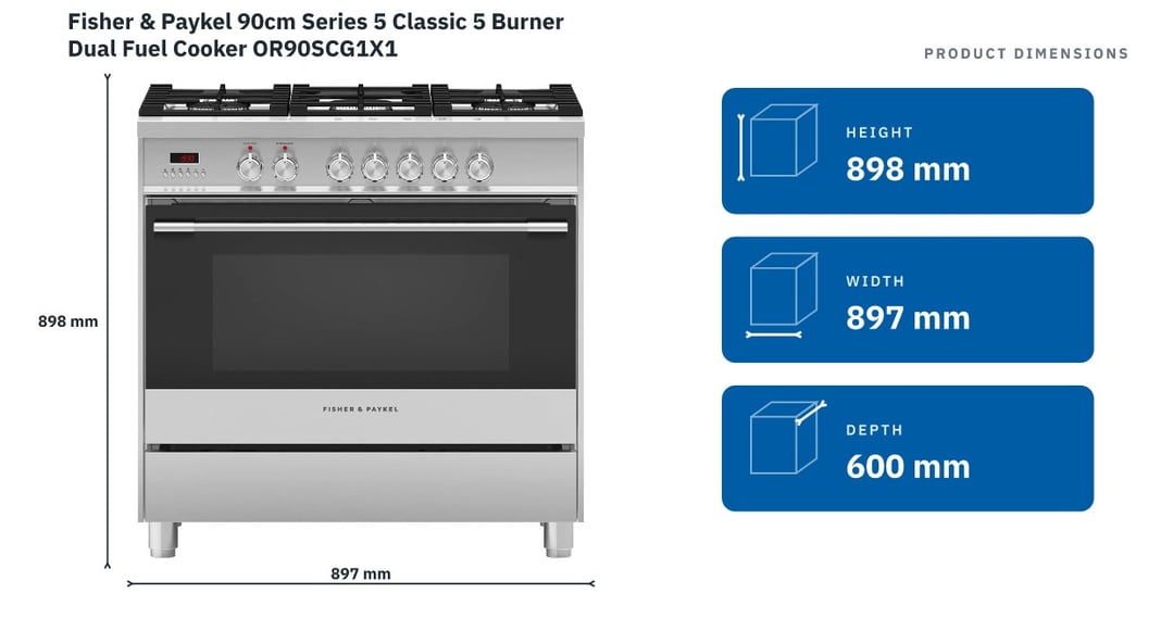 Fisher & Paykel 90cm Series 5 Classic 5 Burner Dual Fuel Cooker OR90SCG1X1 — product dimensions