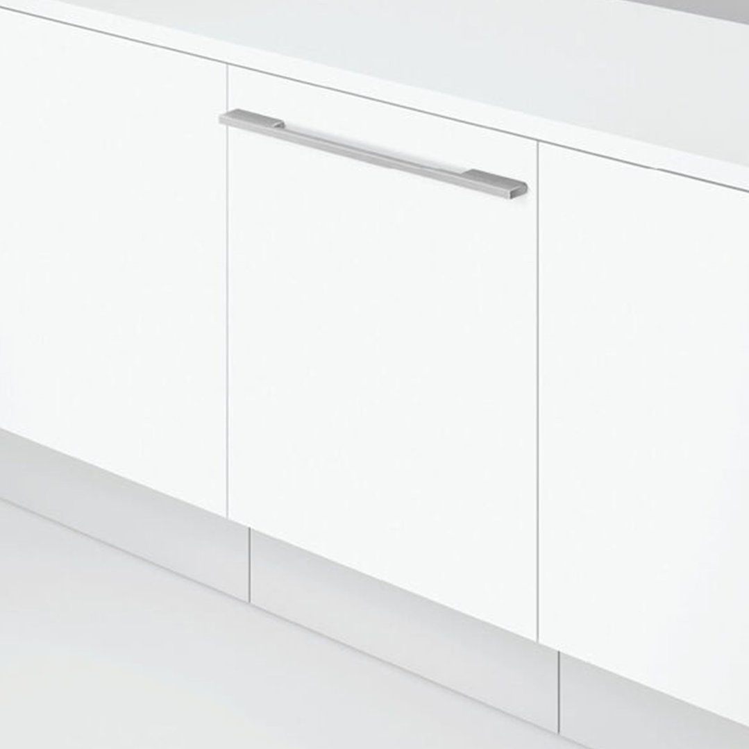 Integrated dishwasher with a long silver handle in a white kitchen setting