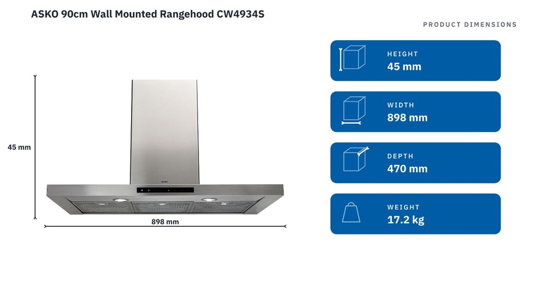 ASKO 90cm Wall Mounted Rangehood CW4934S — product dimensions