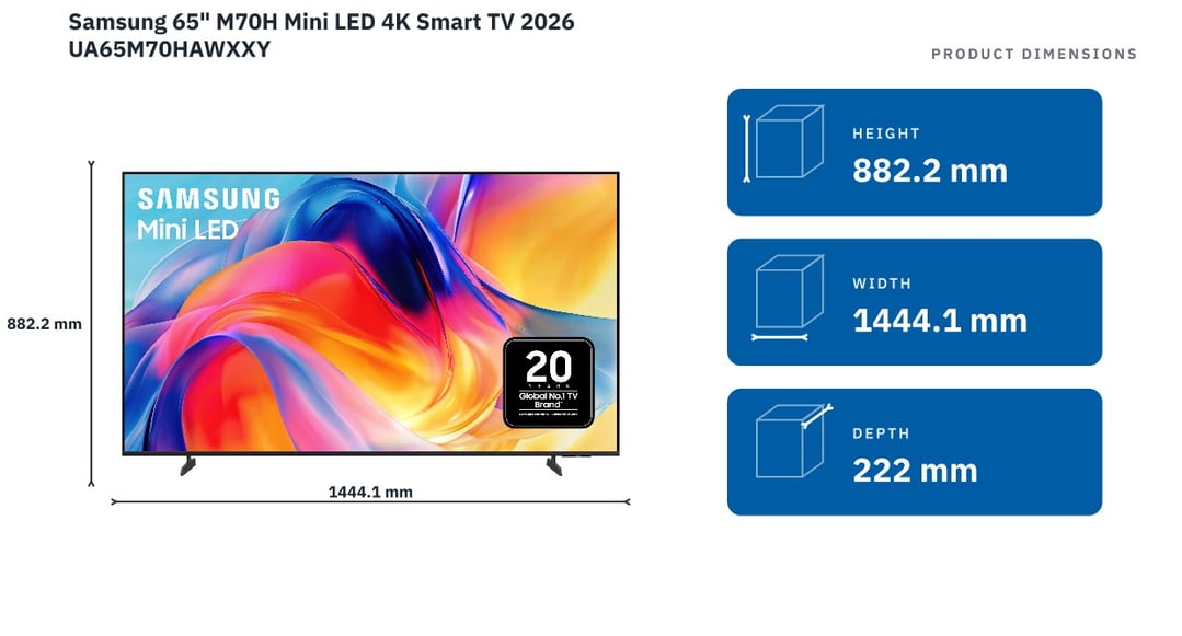 Samsung 65" M70H Mini LED 4K Smart TV 2026 UA65M70HAWXXY — product dimensions