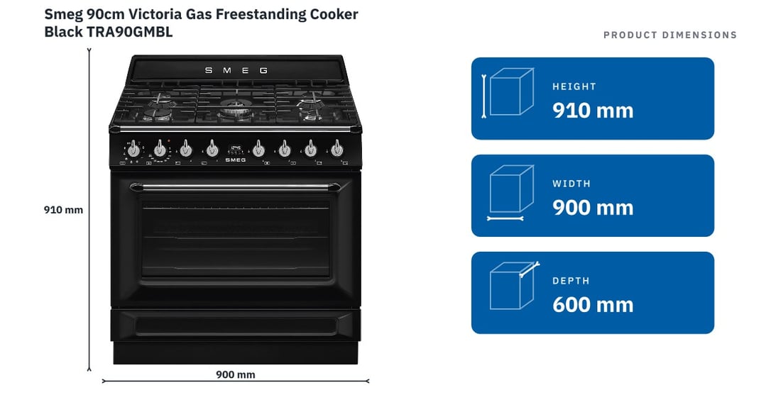 Smeg 90cm Victoria Gas Freestanding Cooker Black TRA90GMBL — product dimensions
