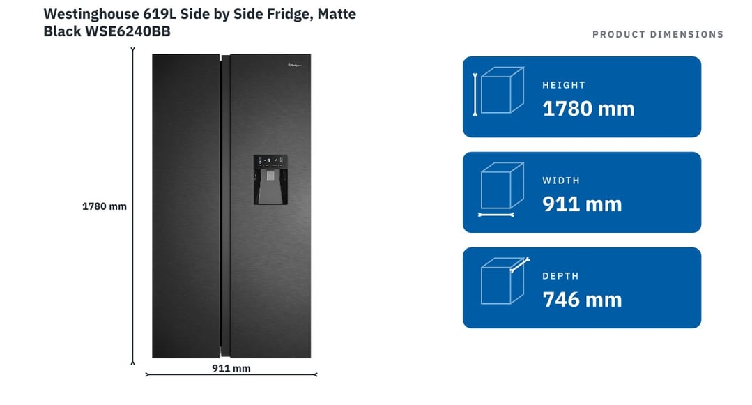 Westinghouse 619L Side by Side Fridge, Matte Black WSE6240BB