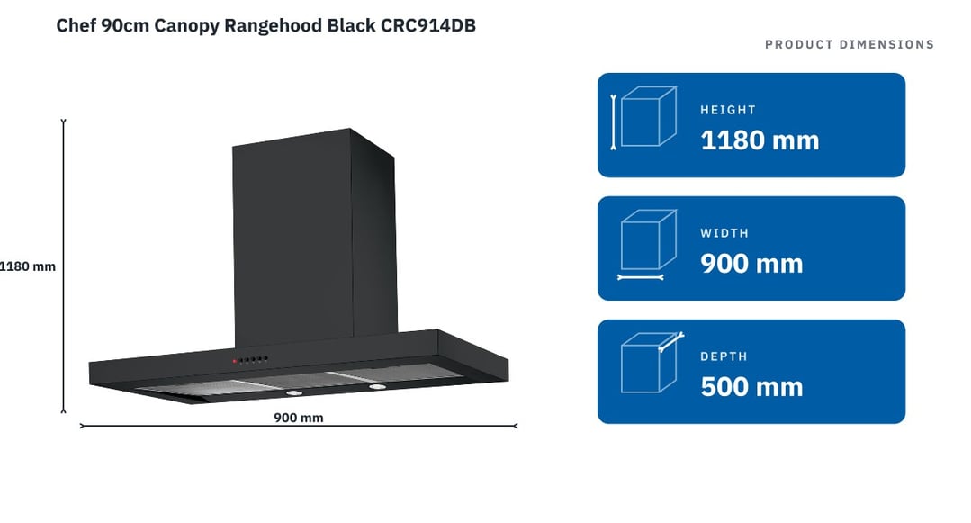 Chef 90cm Canopy Rangehood Black CRC914DB — product dimensions