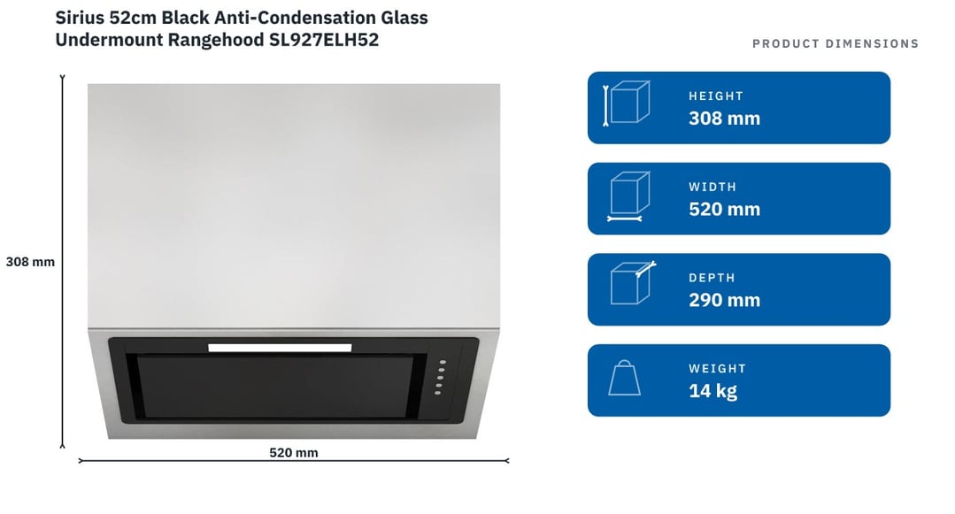 Sirius 52cm Black Anti-Condensation Glass Undermount Rangehood SL927ELH52 — product dimensions