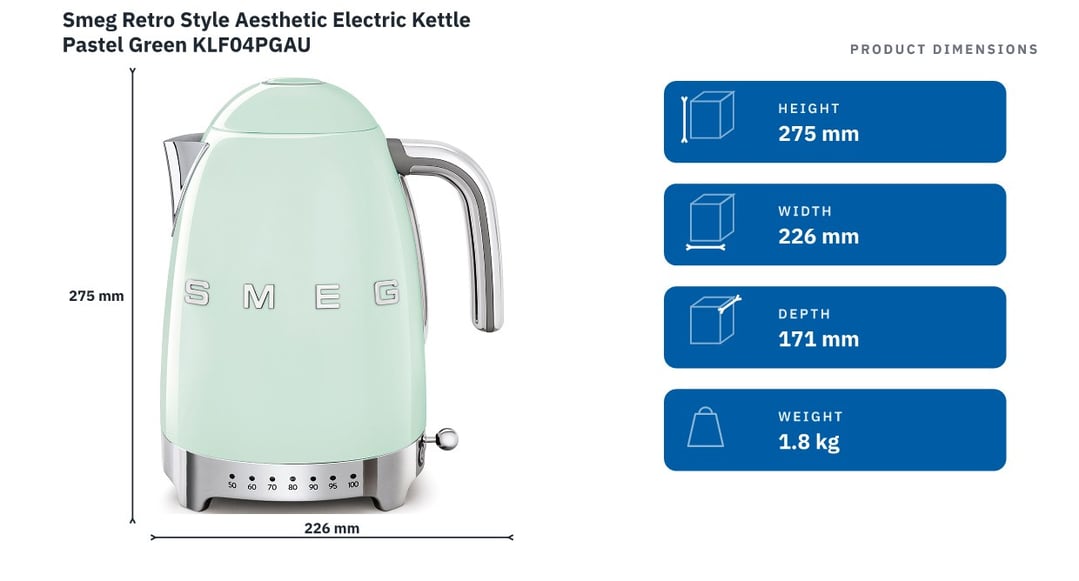 Smeg Retro Style Aesthetic Electric Kettle Pastel Green KLF04PGAU
