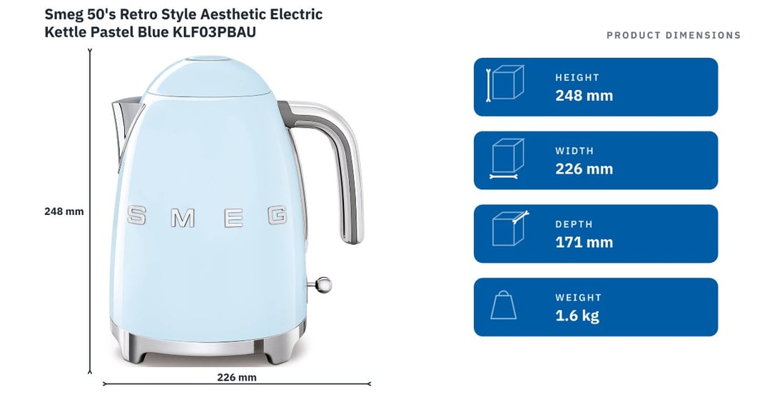 Smeg 50's Retro Style Aesthetic Electric Kettle Pastel Blue KLF03PBAU