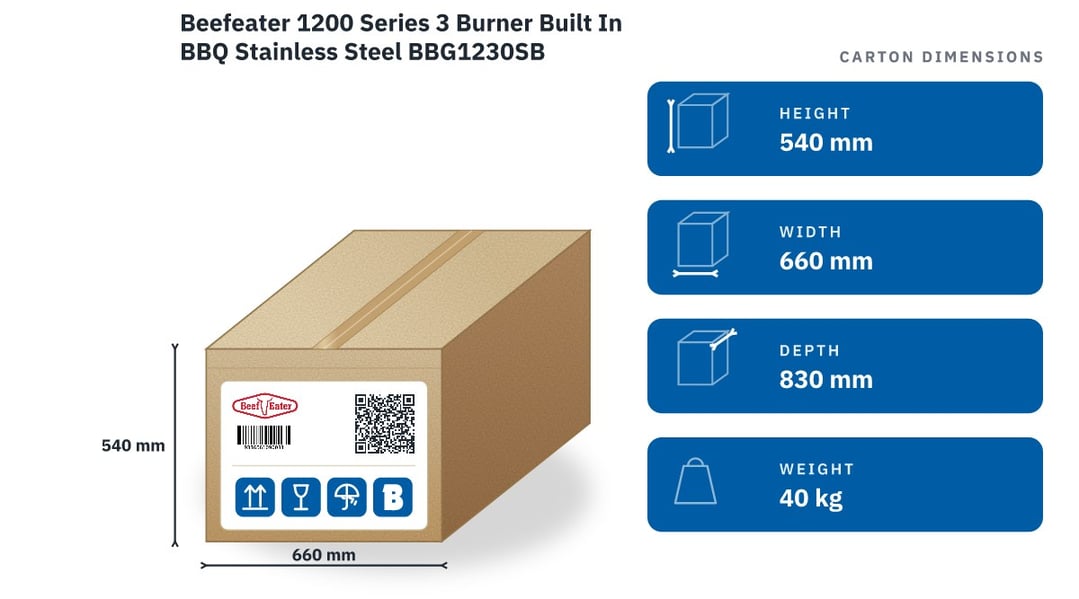 Beefeater 1200 Series 3 Burner Built In BBQ Stainless Steel BBG1230SB — packaged dimensions