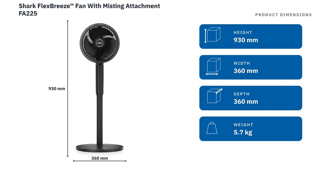 Shark FlexBreeze™ Fan With Misting Attachment FA225 — product dimensions