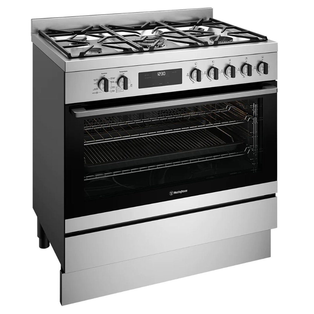 Westinghouse 90cm dual fuel freestanding oven with 5 burner gas cooktop
