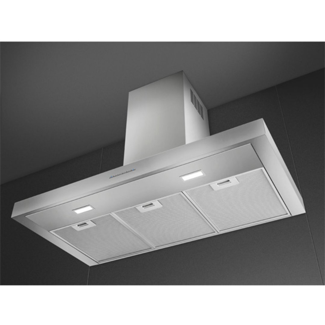A stainless steel wall-mounted rangehood with lights in a modern kitchen