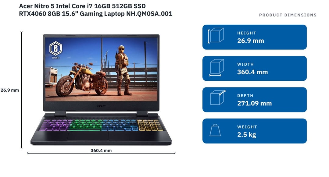 Acer Nitro 5 Intel Core i7 16GB 512GB SSD RTX4060 8GB 15.6" Gaming Laptop NH.QM0SA.001 — product dimensions