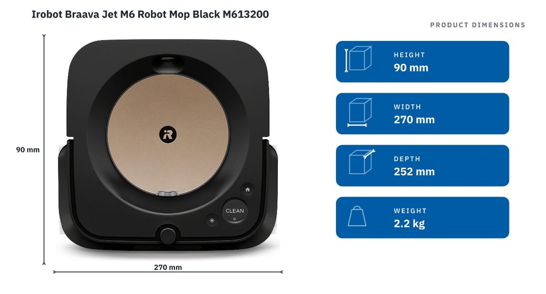 Irobot Braava Jet M6 Robot Mop Black M613200 — product dimensions