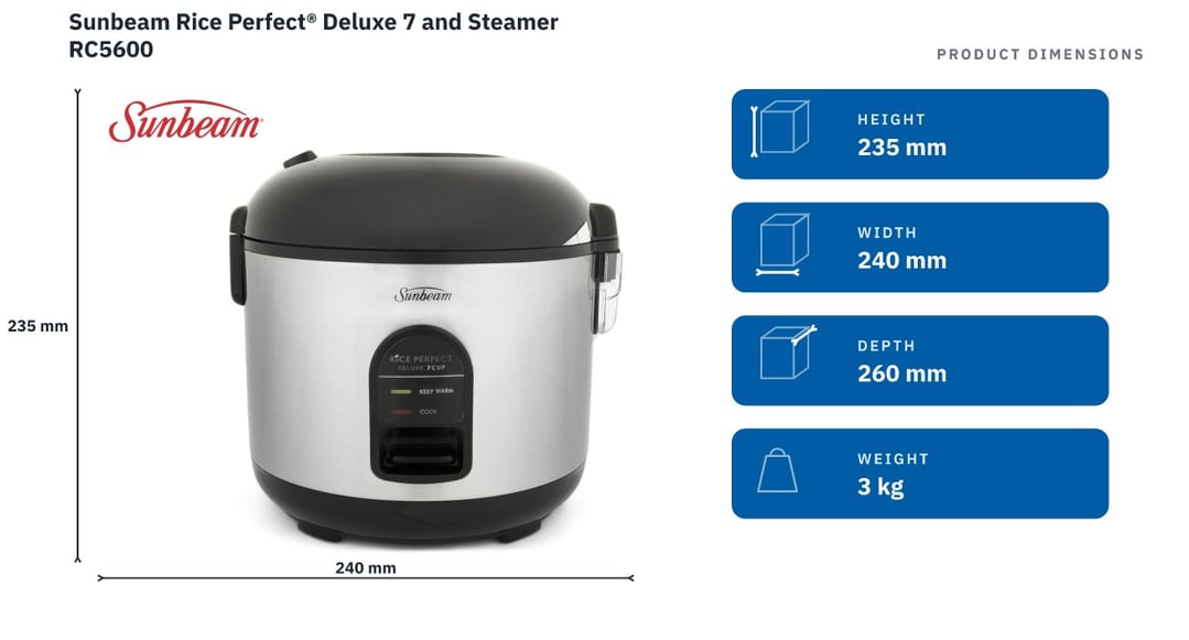 Sunbeam Rice Perfect® Deluxe 7 and Steamer RC5600 — product dimensions
