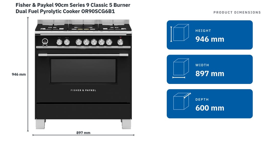 Fisher & Paykel 90cm Series 9 Classic 5 Burner Dual Fuel Pyrolytic Cooker OR90SCG6B1 — product dimensions