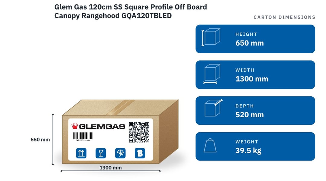 Glem Gas 120cm SS Square Profile Off Board Canopy Rangehood GQA120TBLED