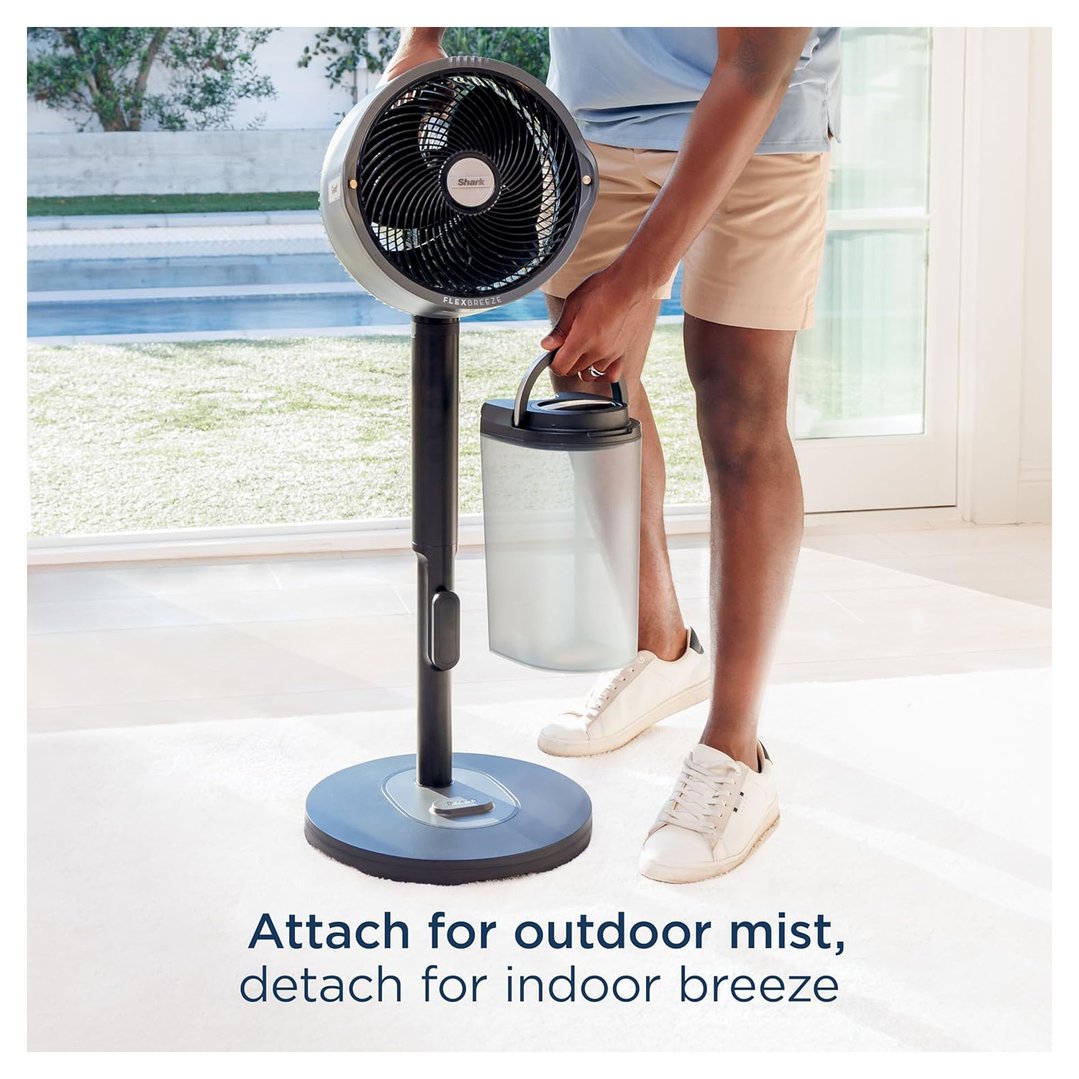 Person attaching water tank to a Shark FlexBreeze fan for outdoor mist