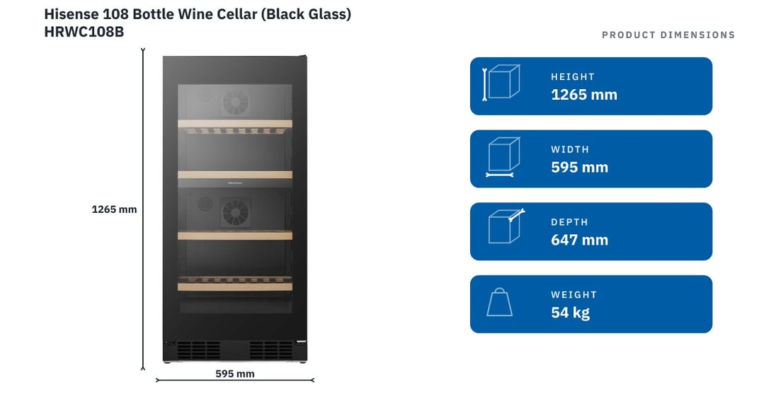Hisense 108 Bottle Wine Cellar (Black Glass) HRWC108B — product dimensions