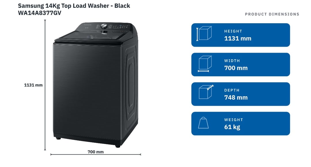 Samsung 14Kg Top Load Washer - Black WA14A8377GV — product dimensions