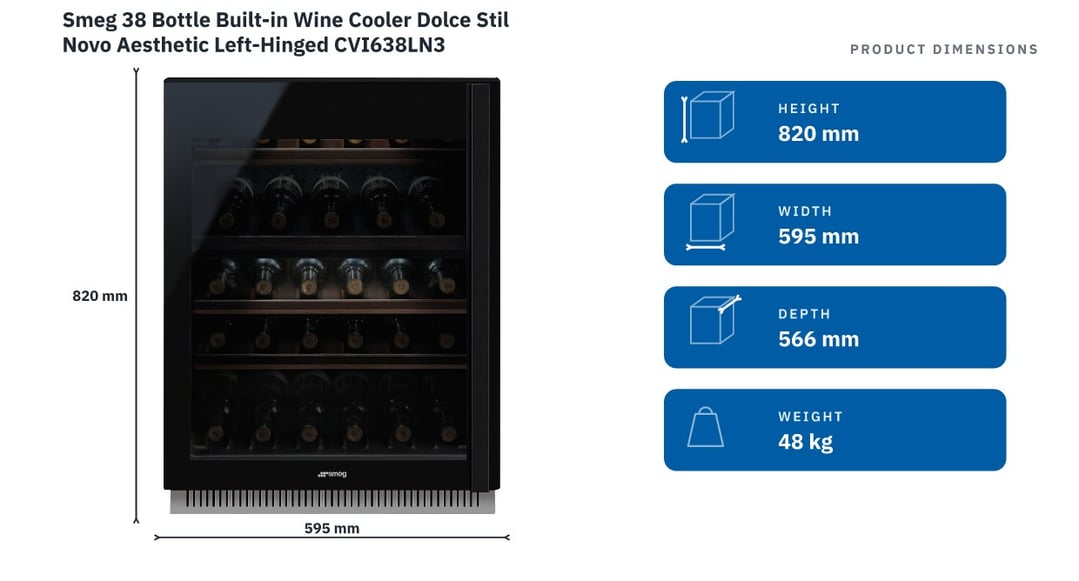 Smeg 38 Bottle Built-in Wine Cooler Dolce Stil Novo Aesthetic Left-Hinged CVI638LN3 — product dimensions
