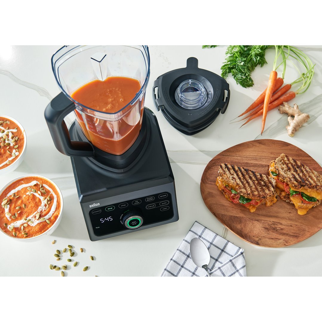 Braun PowerBlend 9 Jug Blender with soup, carrots, and grilled cheese sandwiches