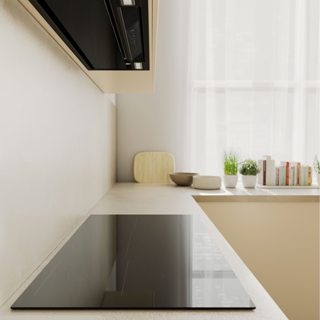 Integrated rangehood and cooktop in a modern kitchen with window and plants