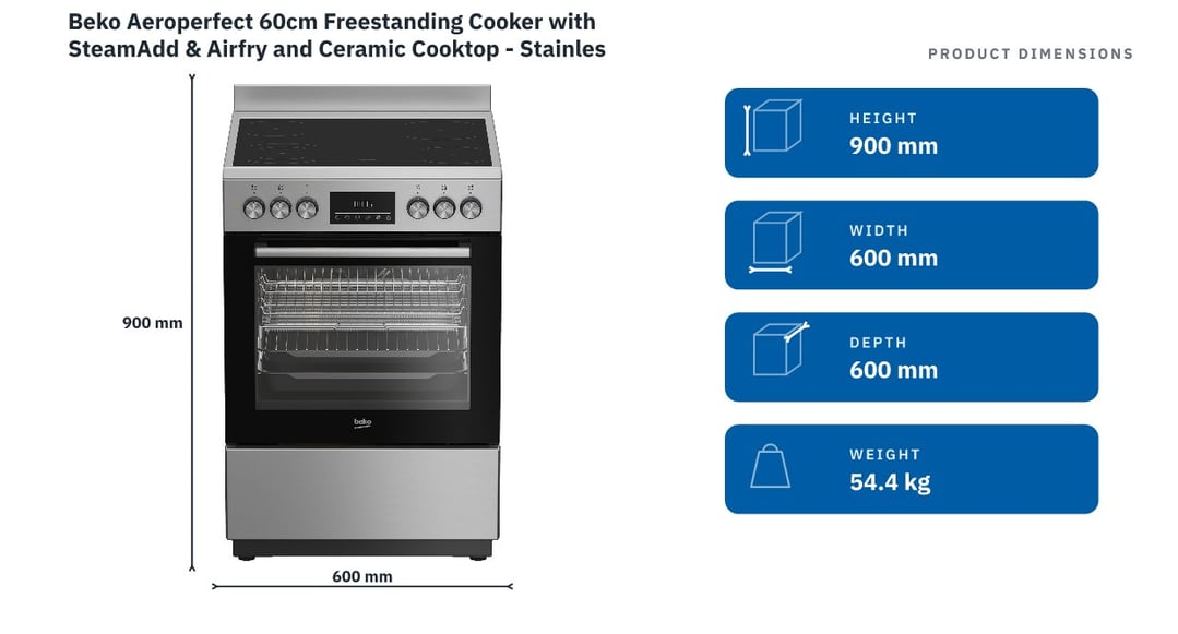 Beko Aeroperfect 60cm Freestanding Cooker with SteamAdd & Airfry and Ceramic Cooktop - Stainless Steel BFCB60VMX — product dimensions
