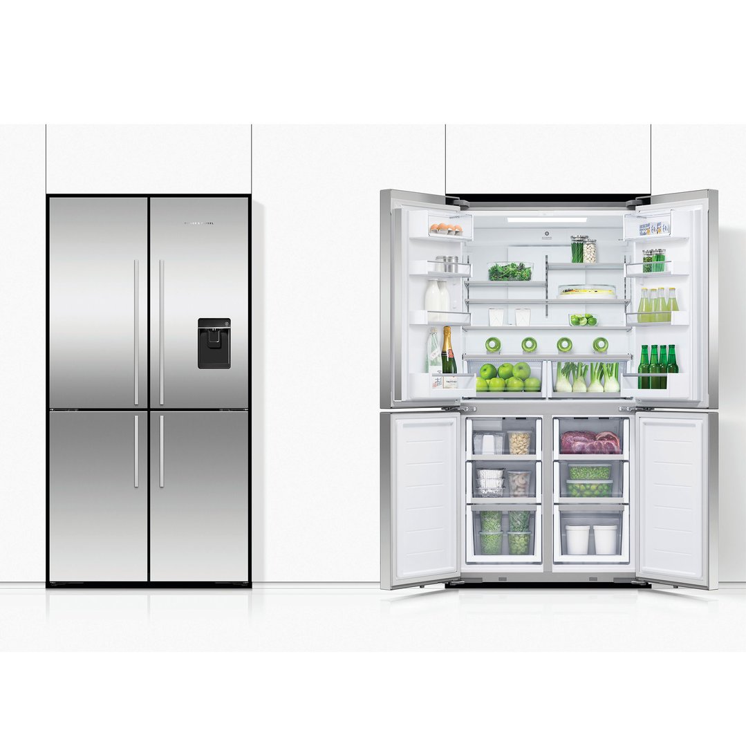 Two stainless steel Fisher & Paykel quad door refrigerator freezers, one closed and one open
