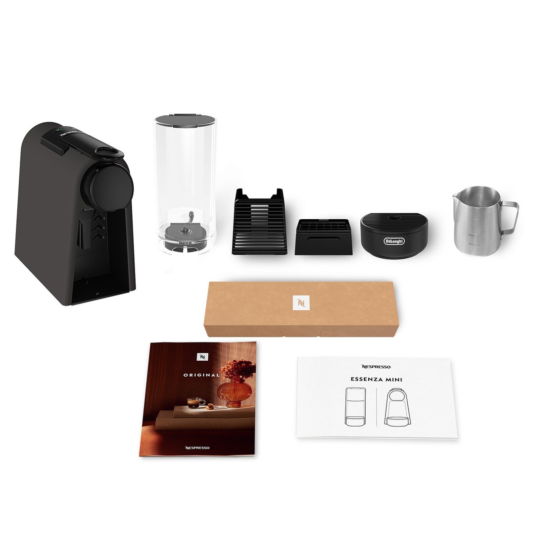 Delonghi Essenza Mini Capsule Coffee Machine with Aeroccino Milk Frother - Black EN85BKMTAE