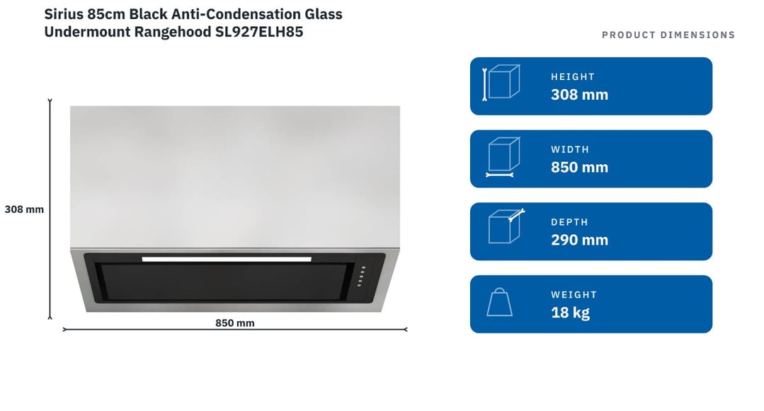 Sirius 85cm Black Anti-Condensation Glass Undermount Rangehood SL927ELH85