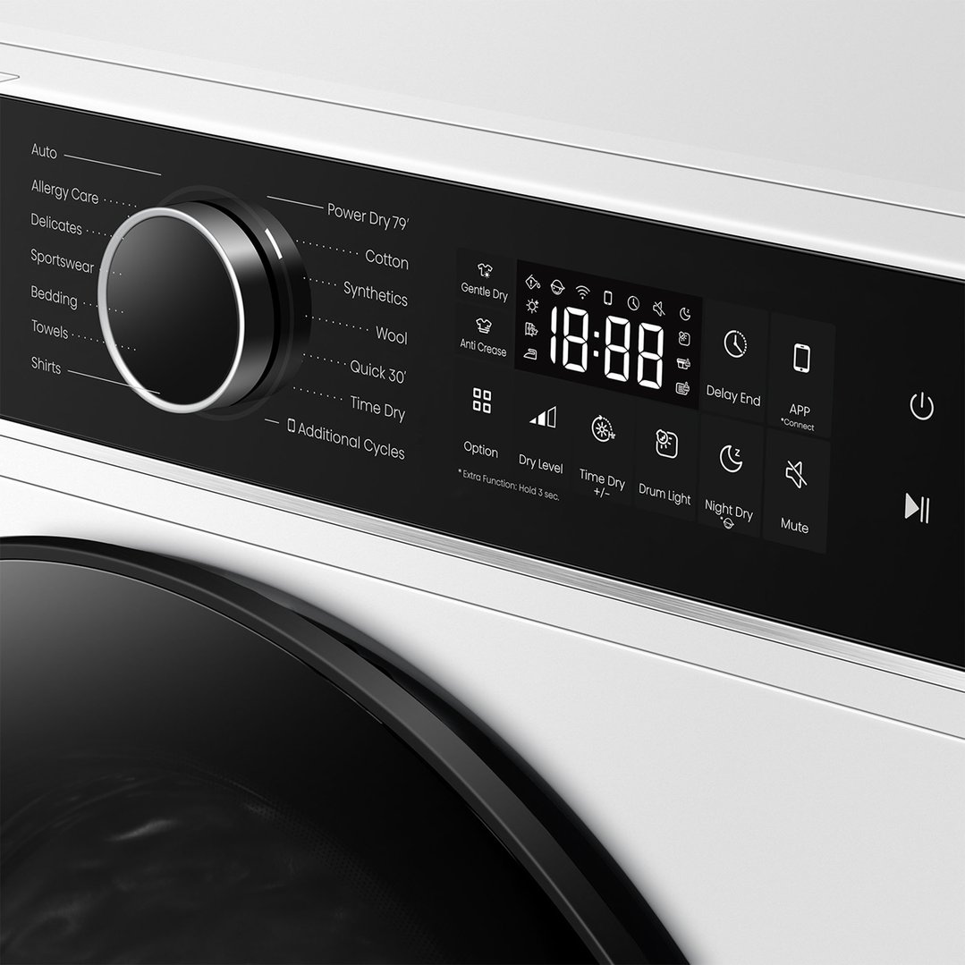 Close-up of a Hisense dryer's control panel with a black dial and digital display